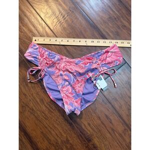 Time and Tru Bikini Bottom Womens L Purple Pink Floral Ruched Low Rise Cheeky